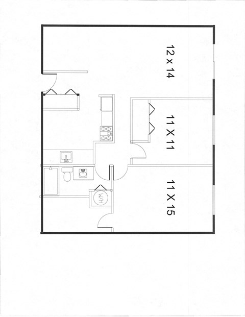 Floor plan for 2 beds, 1 bath, 990 sqft