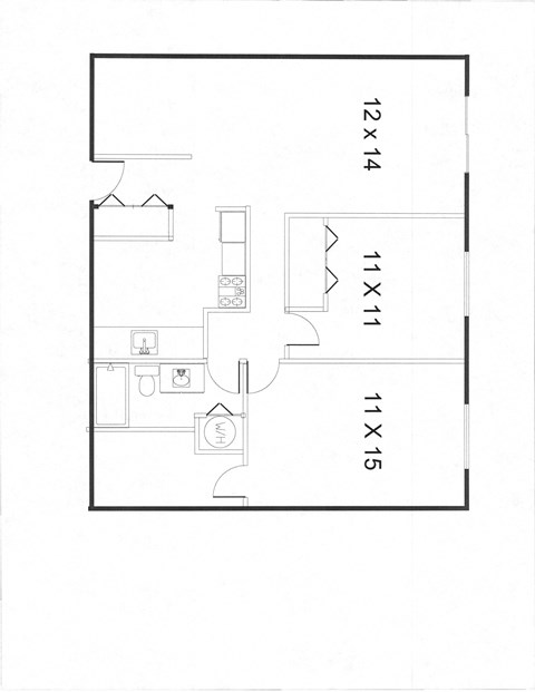 Floor plan for 2 beds, 1 bath, 990 sqft