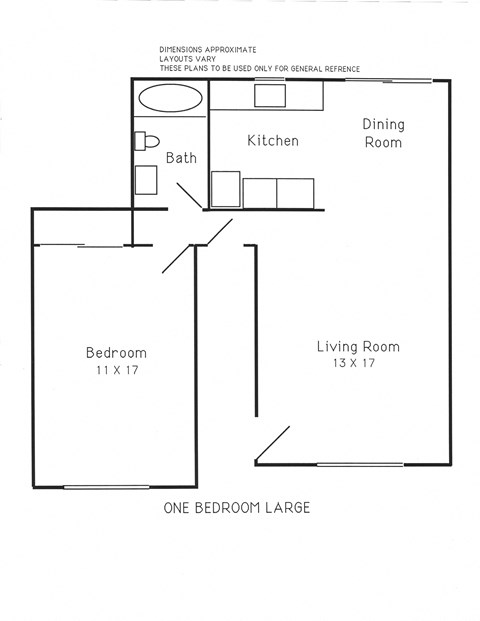 Floor plan for 1 bed, 1 bath, 625 sqft