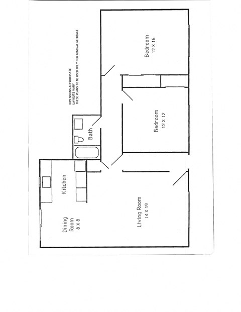 Floor plan for 2 beds, 1 bath, 832 sqft