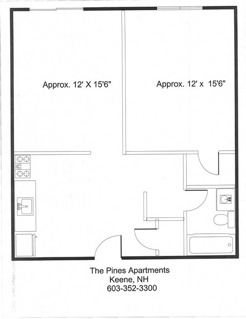 Floor plan for 1 bed, 1 bath, 635 sqft