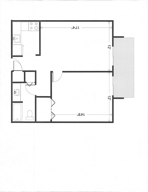 Floor plan for 1 bed, 1 bath, 595 sqft