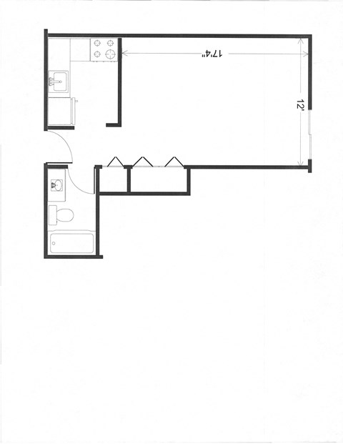 Floor plan for studio, 1 bath, 302 sqft