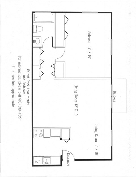 Floor plan for 1 bed, 1 bath, 705 sqft