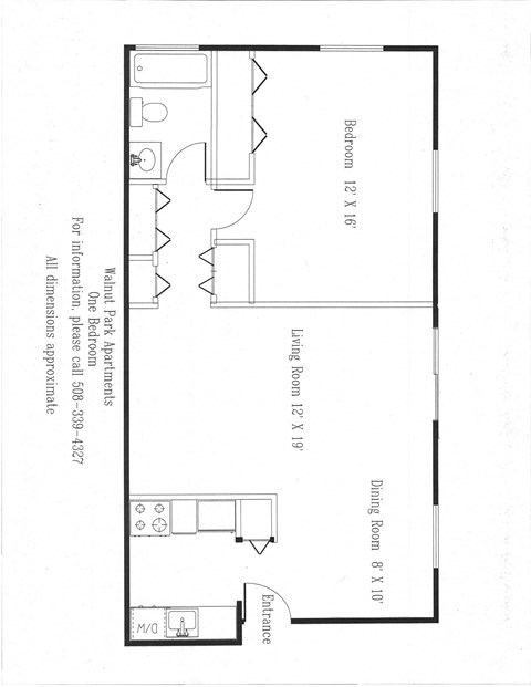 Floor plan for 1 bed, 1 bath, 705 sqft