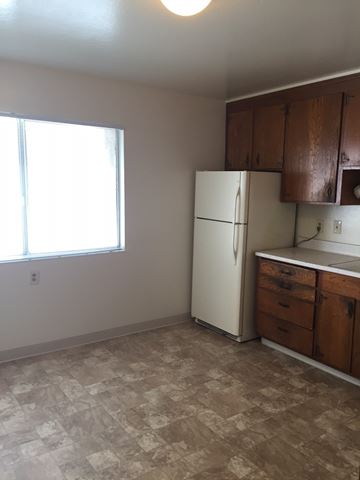 Castro Valley apartment for rent - an empty kitchen with a refrigerator and a window