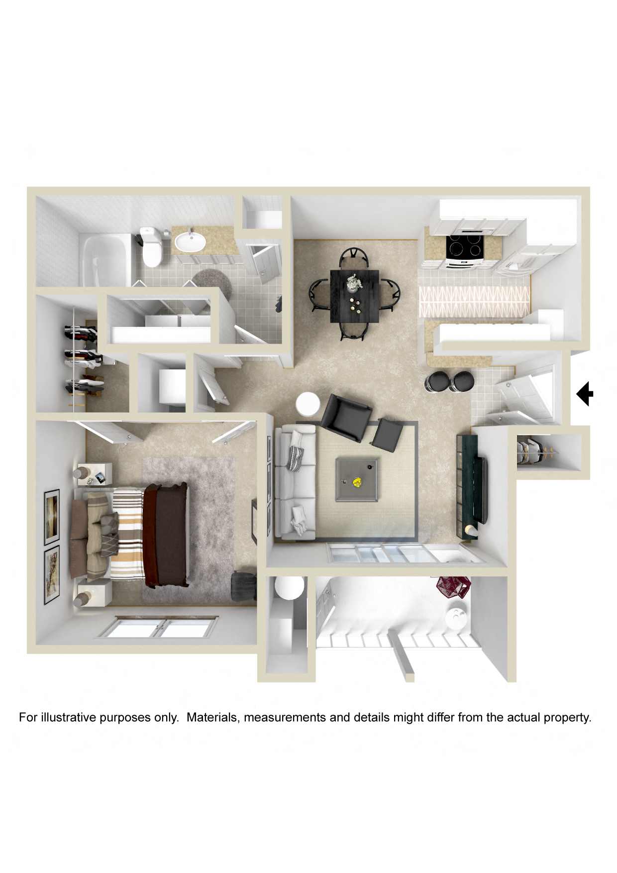Floor plan for 1 bed, 1 bath, 713 sqft