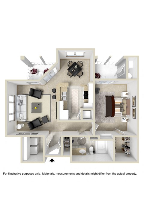 Floor plan for 1 bed, 1 bath, 833 sqft