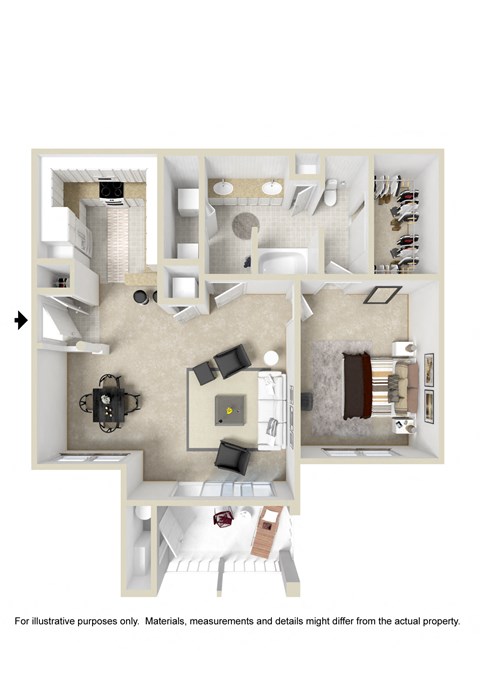 Floor plan for 1 bed, 1 bath, 884 sqft