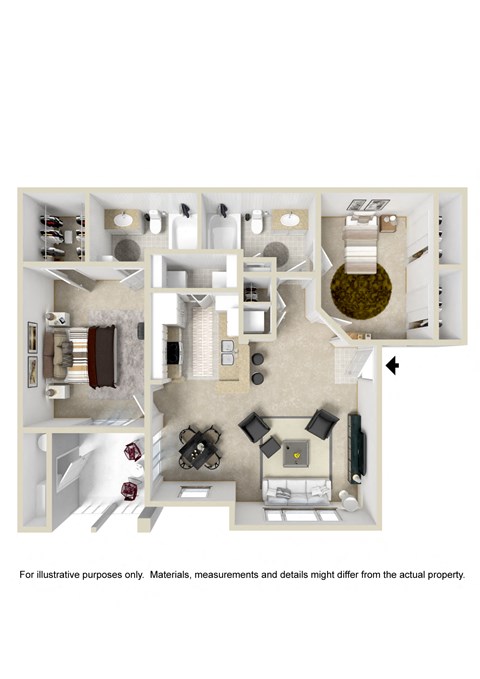 Floor plan for 2 beds, 2 baths, 1045 sqft