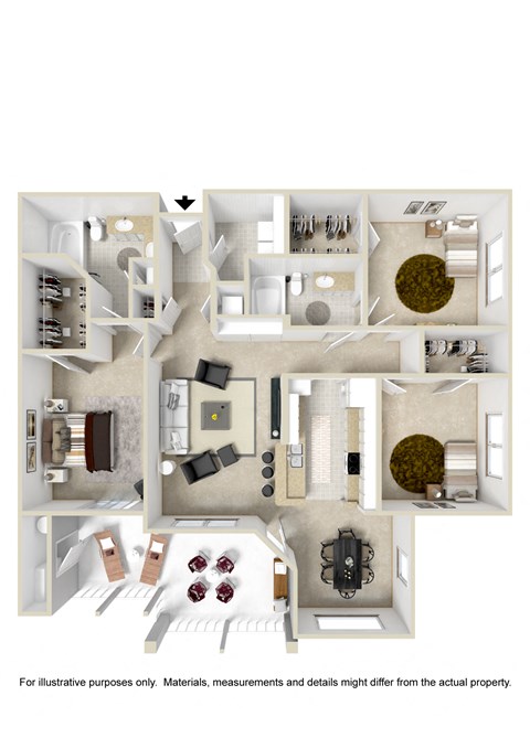 Floor plan for 3 beds, 2 baths, 1607 sqft
