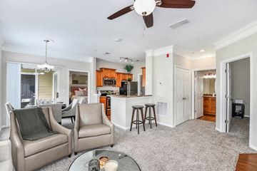 Jacksonville apartment for rent - A living room with a grey carpet and two grey chairs.