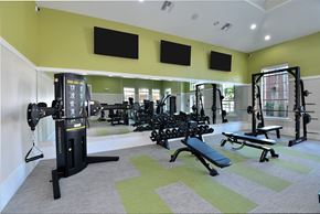 Jacksonville apartment for rent - A gym with a variety of equipment including a weight machine, bench, and dumbbells.