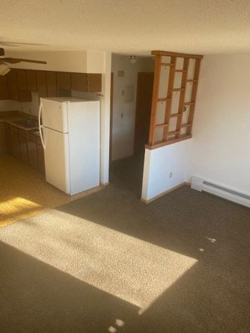 Hebron apartment for rent - an empty kitchen with a refrigerator and a window