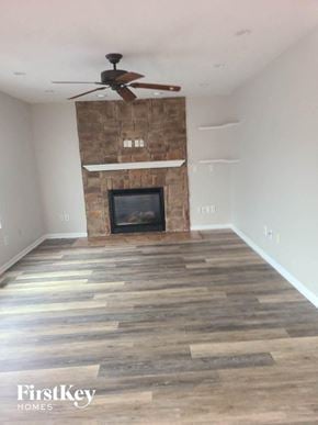 Hamilton house for rent - a living room with a fireplace and a ceiling fan