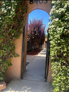 Northridge apartment for rent - A pathway is seen through a doorway covered in greenery.