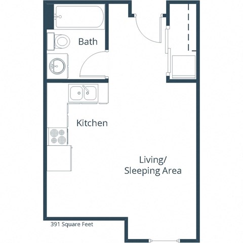Floor plan for studio, 1 bath, 391 sqft