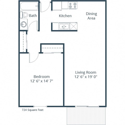 Floor plan for 1 bed, 1 bath, 724 sqft