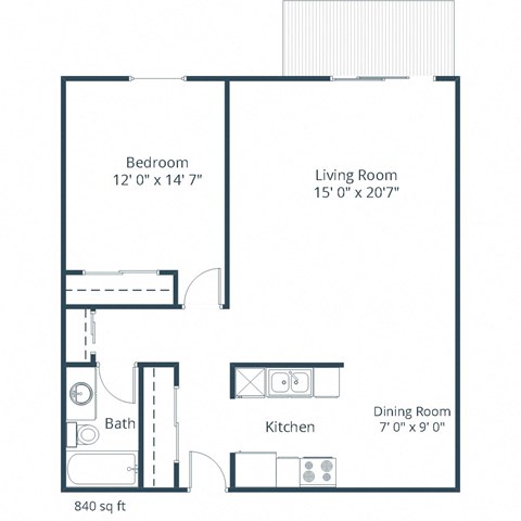 Floor plan for 1 bed, 1 bath, 840 sqft