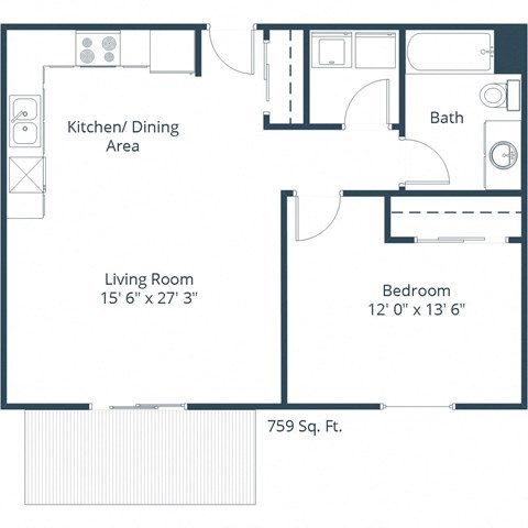 Floor plan for 1 bed, 1 bath, 759 sqft