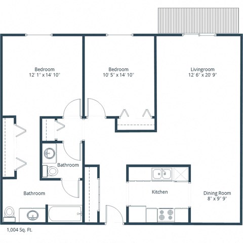 Floor plan for 2 beds, 1.5 baths, 1004 sqft