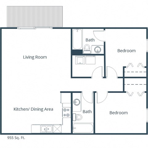 Floor plan for 2 beds, 2 baths, 955 sqft