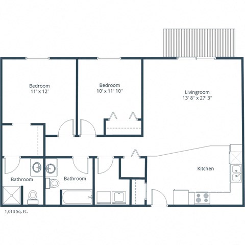 Floor plan for 2 beds, 1.8 baths, 1013 sqft