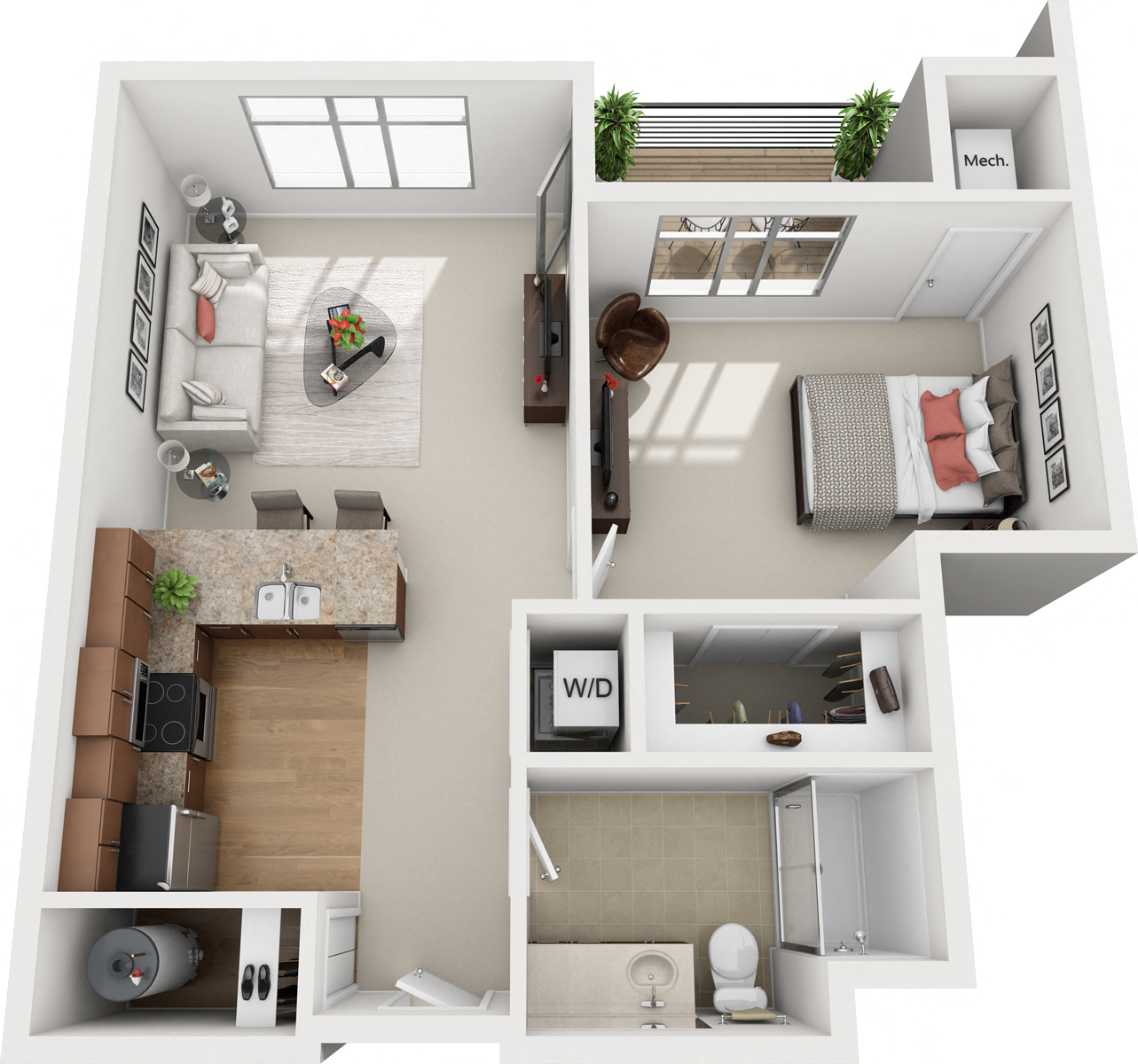 Floor plan for 1 bed, 1 bath, 718 sqft