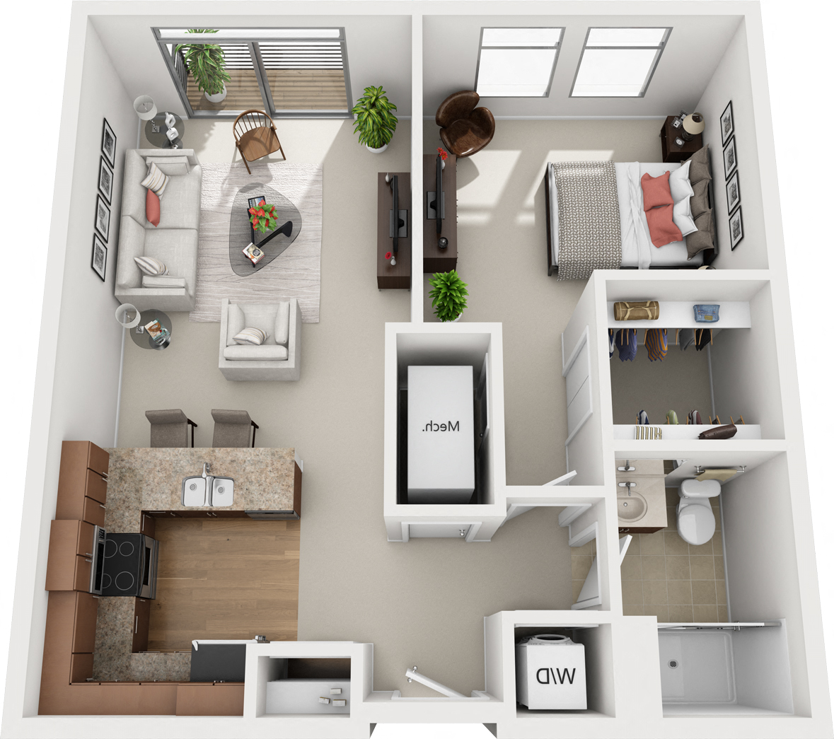 Floor plan for 1 bed, 1 bath, 762 sqft