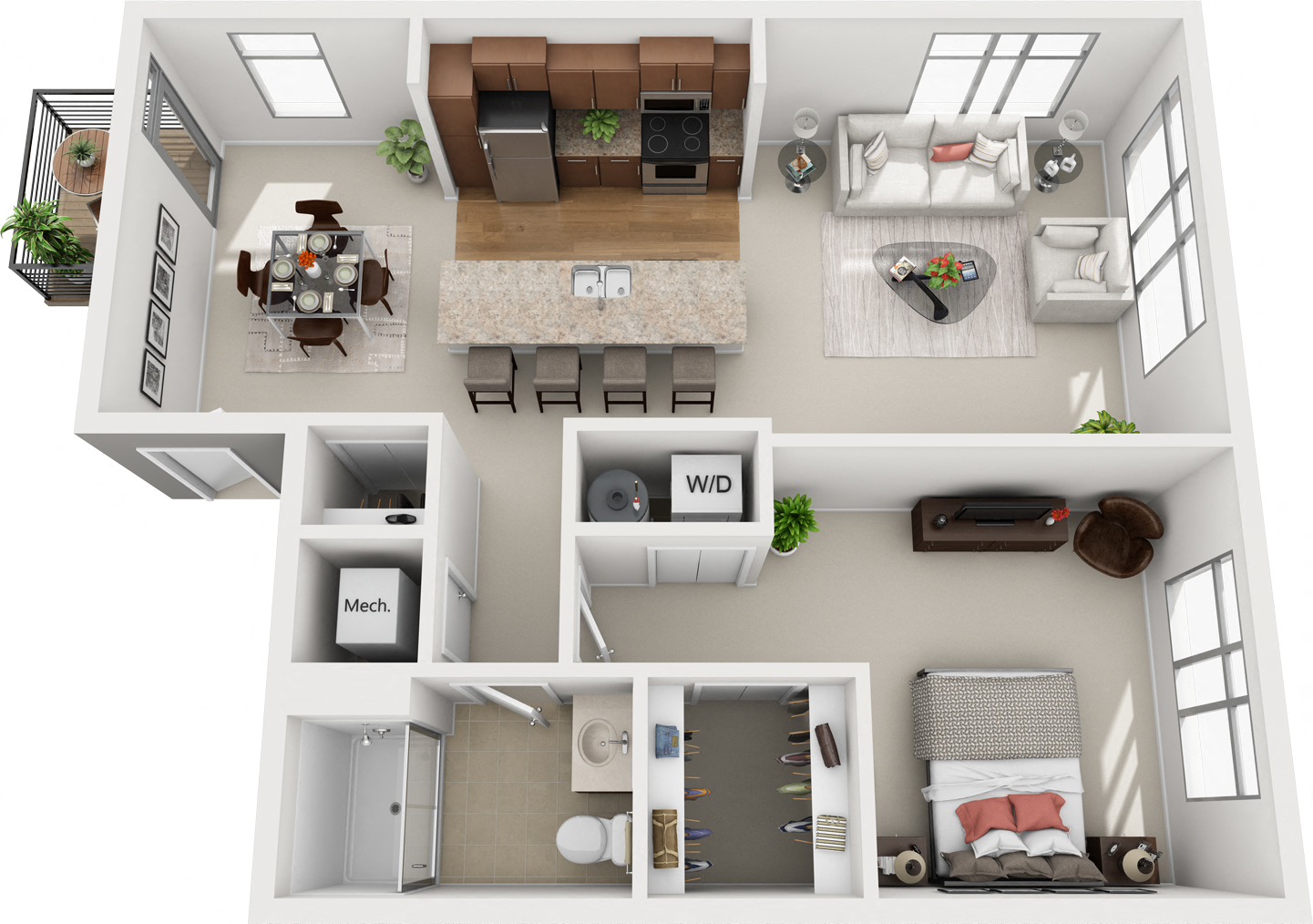 Floor plan for 1 bed, 1 bath, 893 sqft