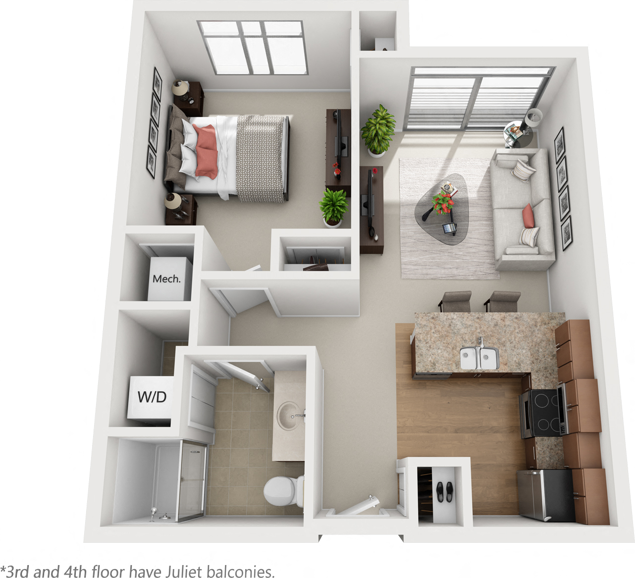 Floor plan for 1 bed, 1 bath, 644 sqft