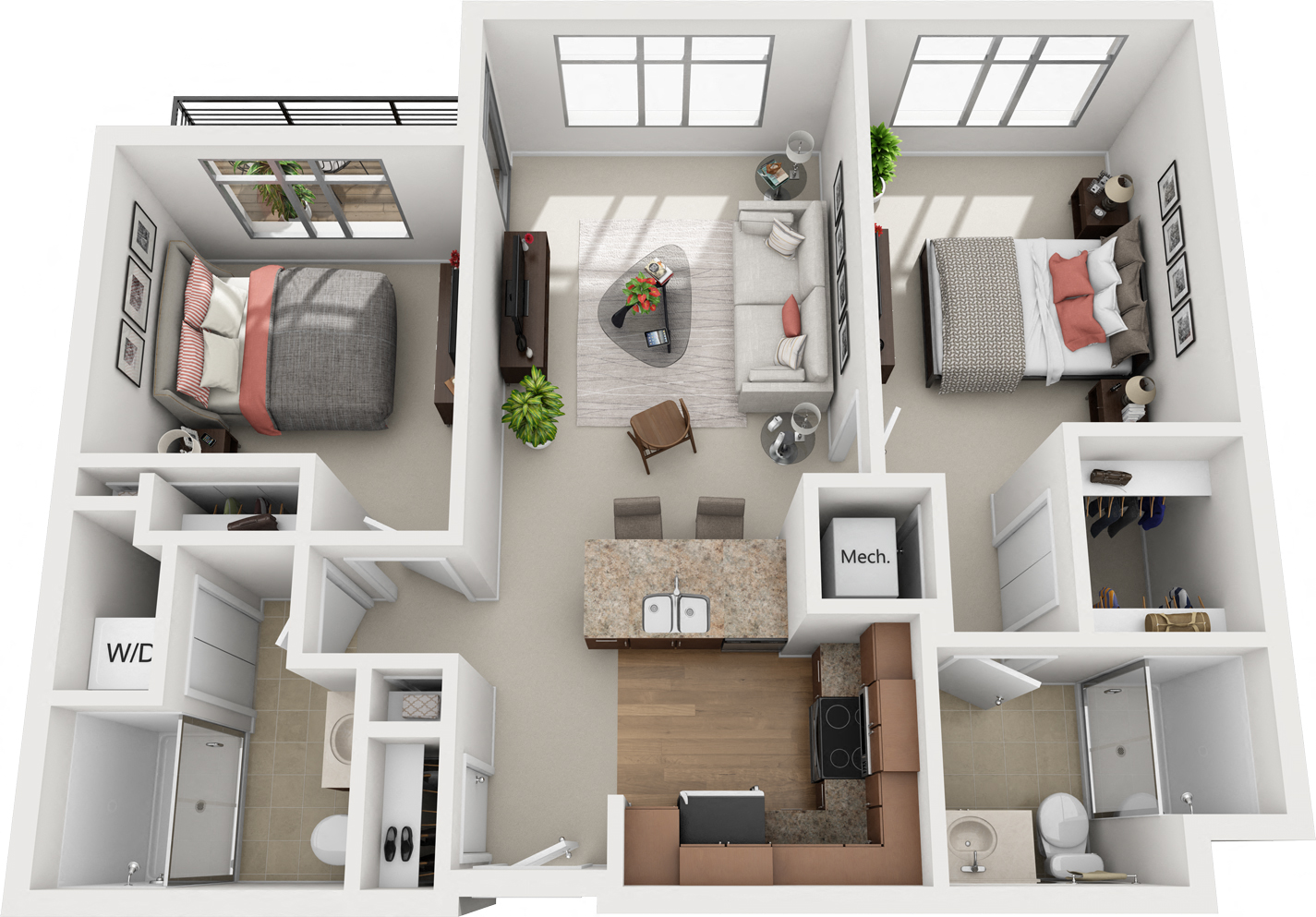 Floor plan for 2 beds, 2 baths, 1000 sqft