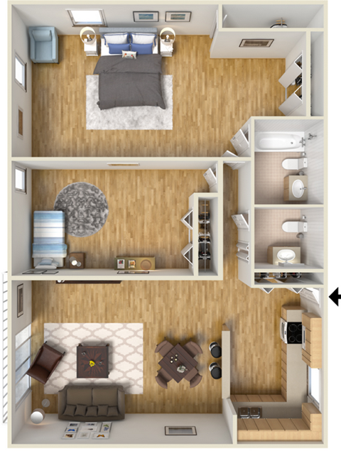 Floor plan for 2 beds, 1.5 baths, 1018 sqft