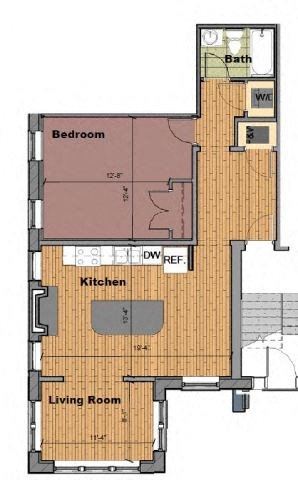 Floor plan for 1 bed, 1 bath, 648 sqft
