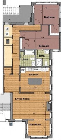 Floor plan for 2 beds, 2 baths, 1433 sqft