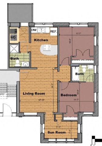 Floor plan for 2 beds, 2 baths, 887 sqft
