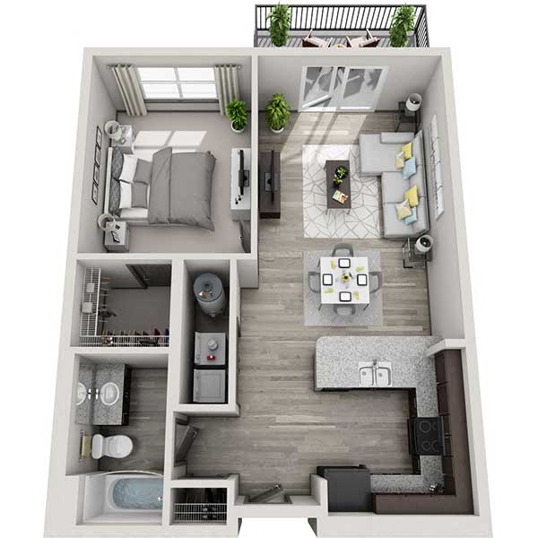 Floor plan for 1 bed, 1 bath, 754 sqft