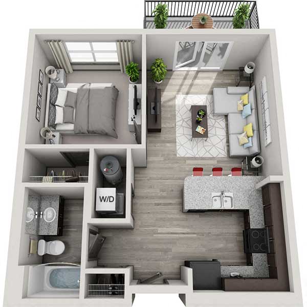 Floor plan for 1 bed, 1 bath, 632 sqft