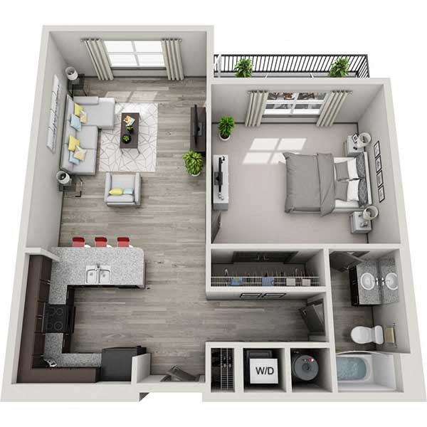 Floor plan for 1 bed, 1 bath, 870 sqft
