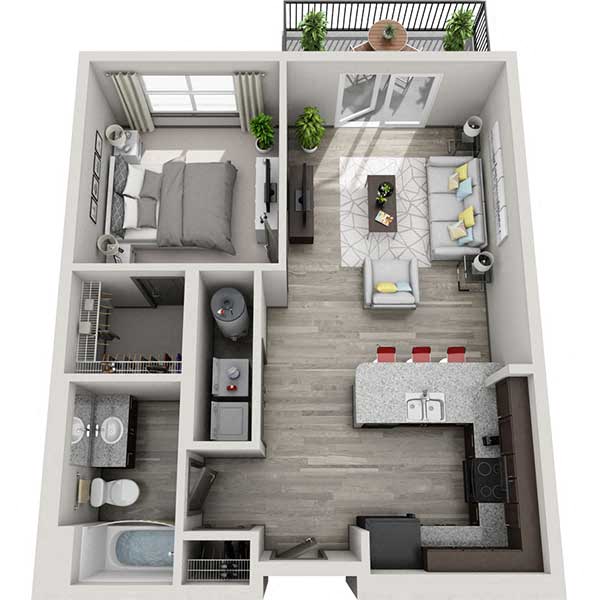 Floor plan for 1 bed, 1 bath, 705 sqft