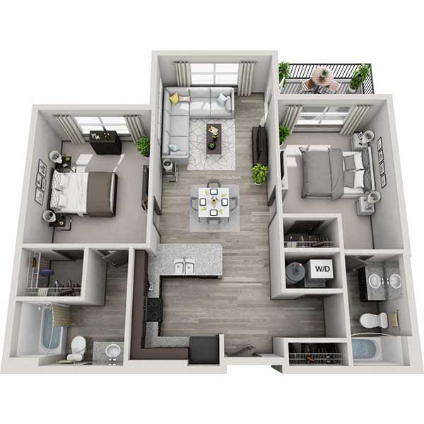 Floor plan for 2 beds, 2 baths, 1059 sqft