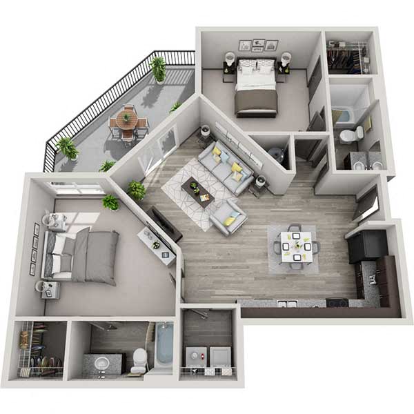 Floor plan for 2 beds, 2 baths, 1086 sqft
