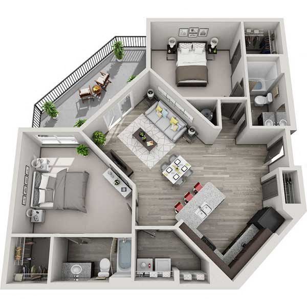 Floor plan for 2 beds, 2 baths, 1116 sqft