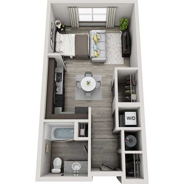 Floor plan for studio, 1 bath, 496 sqft