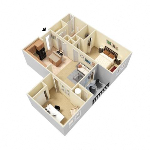 Floor plan for 1 bed, 1 bath, 885 sqft
