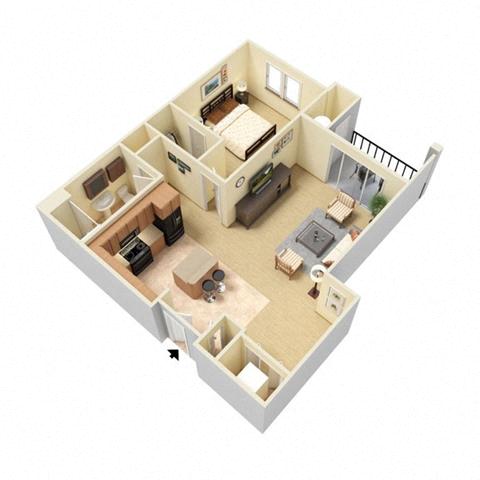 Floor plan for 1 bed, 1 bath, 931 sqft