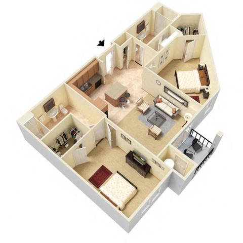 Floor plan for 2 beds, 2 baths, 1081 sqft
