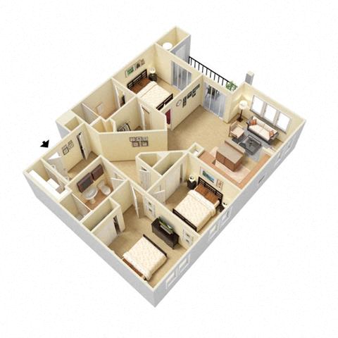 Floor plan for 3 beds, 2 baths, 1110 sqft
