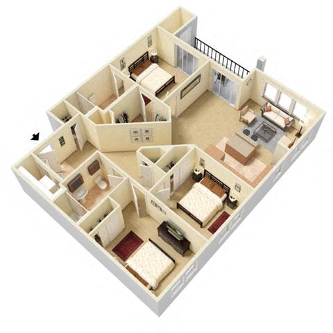 Floor plan for 3 beds, 2 baths, 1282 sqft