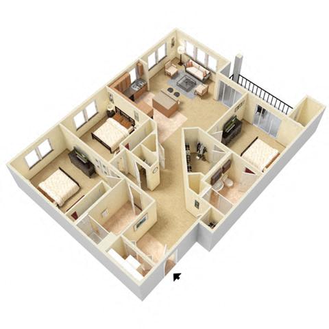 Floor plan for 3 beds, 2 baths, 1385 sqft